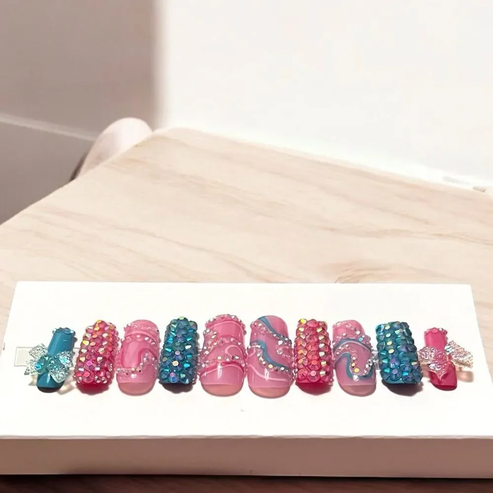 Handmade Pink Blue Rhinestone Glitter Bow Press On Nails Size XS Medium Length